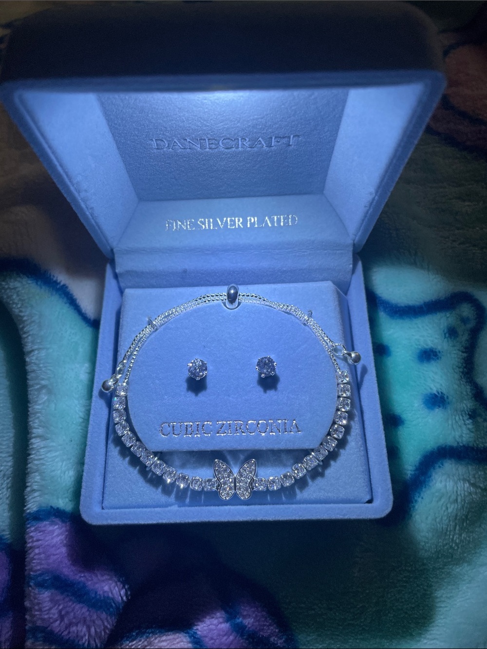 Silver Butterfly Cubic Zirconia Bracelet with Matching Earrings and Light-Up Box